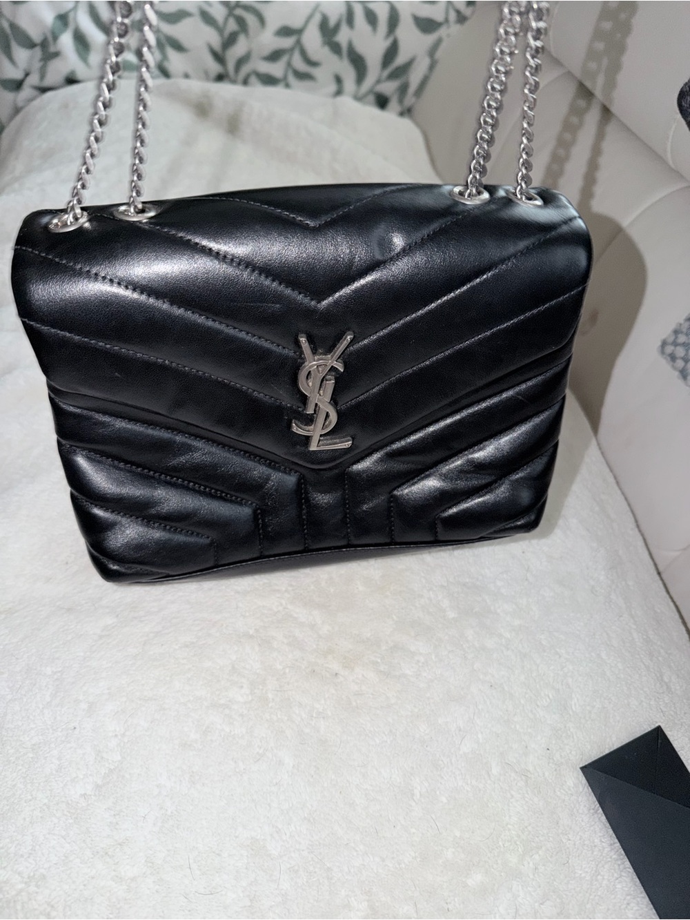 Saint Laurent Black Quilted Leather Shoulder Bag with Silver Chain